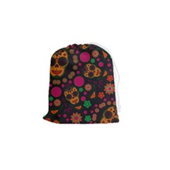 Skull Colorful Floral Flower Head Drawstring Pouch (small) by Cemarart