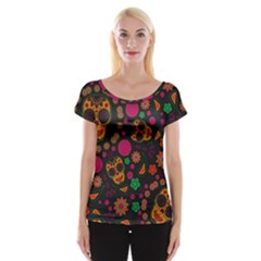 Skull Colorful Floral Flower Head Cap Sleeve Top by Cemarart