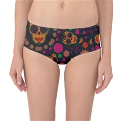 Skull Colorful Floral Flower Head Mid-waist Bikini Bottoms by Cemarart