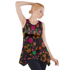 Skull Colorful Floral Flower Head Side Drop Tank Tunic by Cemarart