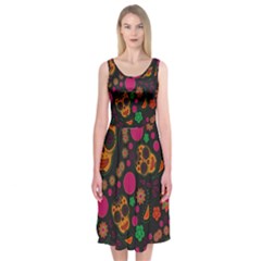 Skull Colorful Floral Flower Head Midi Sleeveless Dress by Cemarart