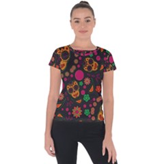 Skull Colorful Floral Flower Head Short Sleeve Sports Top  by Cemarart