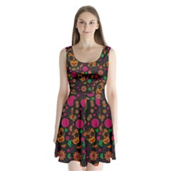 Skull Colorful Floral Flower Head Split Back Mini Dress  by Cemarart