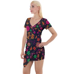 Skull Colorful Floral Flower Head Short Sleeve Asymmetric Mini Dress by Cemarart