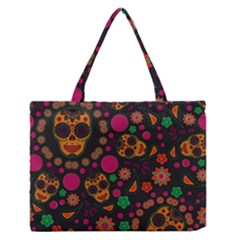 Skull Colorful Floral Flower Head Zipper Medium Tote Bag