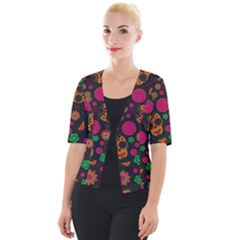 Skull Colorful Floral Flower Head Cropped Button Cardigan by Cemarart