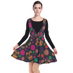 Skull Colorful Floral Flower Head Plunge Pinafore Dress by Cemarart