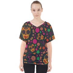 Skull Colorful Floral Flower Head V-neck Dolman Drape Top by Cemarart