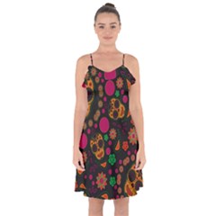 Skull Colorful Floral Flower Head Ruffle Detail Chiffon Dress by Cemarart