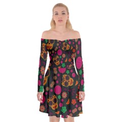 Skull Colorful Floral Flower Head Off Shoulder Skater Dress by Cemarart