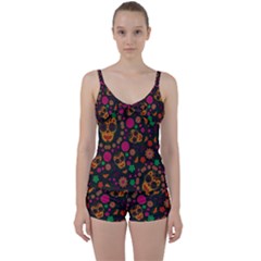 Skull Colorful Floral Flower Head Tie Front Two Piece Tankini by Cemarart