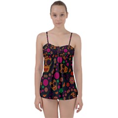 Skull Colorful Floral Flower Head Babydoll Tankini Set by Cemarart