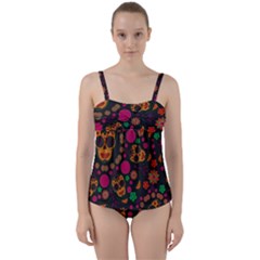 Skull Colorful Floral Flower Head Twist Front Tankini Set by Cemarart