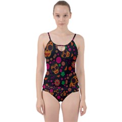 Skull Colorful Floral Flower Head Cut Out Top Tankini Set by Cemarart