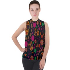 Skull Colorful Floral Flower Head Mock Neck Chiffon Sleeveless Top by Cemarart