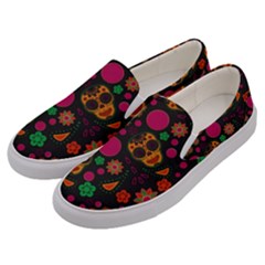 Skull Colorful Floral Flower Head Men s Canvas Slip Ons by Cemarart