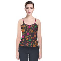 Skull Colorful Floral Flower Head Velvet Spaghetti Strap Top by Cemarart