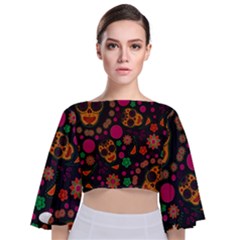 Skull Colorful Floral Flower Head Tie Back Butterfly Sleeve Chiffon Top by Cemarart