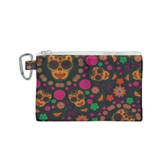 Skull Colorful Floral Flower Head Canvas Cosmetic Bag (small) by Cemarart