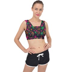 Skull Colorful Floral Flower Head V-back Sports Bra by Cemarart