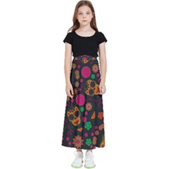 Skull Colorful Floral Flower Head Kids  Flared Maxi Skirt by Cemarart