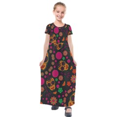 Skull Colorful Floral Flower Head Kids  Short Sleeve Maxi Dress by Cemarart