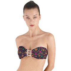 Skull Colorful Floral Flower Head Twist Bandeau Bikini Top by Cemarart