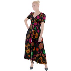 Skull Colorful Floral Flower Head Button Up Short Sleeve Maxi Dress by Cemarart