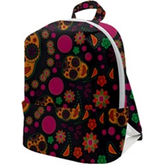 Skull Colorful Floral Flower Head Zip Up Backpack by Cemarart