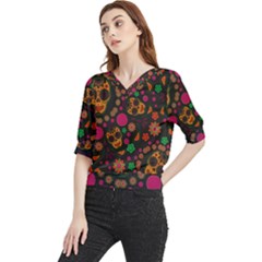 Skull Colorful Floral Flower Head Quarter Sleeve Blouse