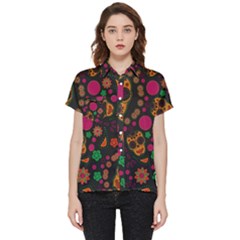 Skull Colorful Floral Flower Head Short Sleeve Pocket Shirt by Cemarart