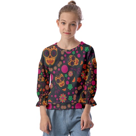 Skull Colorful Floral Flower Head Kids  Cuff Sleeve Top by Cemarart