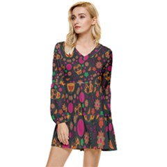 Skull Colorful Floral Flower Head Tiered Long Sleeve Mini Dress by Cemarart