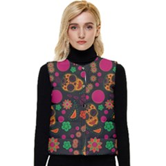 Skull Colorful Floral Flower Head Women s Button Up Puffer Vest by Cemarart