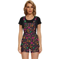 Skull Colorful Floral Flower Head Short Overalls by Cemarart