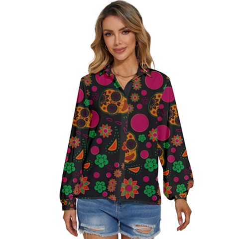 Skull Colorful Floral Flower Head Women s Long Sleeve Button Up Shirt by Cemarart