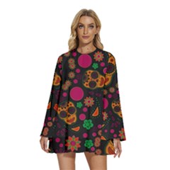 Skull Colorful Floral Flower Head Round Neck Long Sleeve Bohemian Style Chiffon Mini Dress by Cemarart