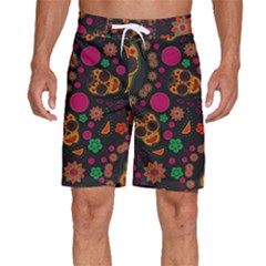 Skull Colorful Floral Flower Head Men s Beach Shorts by Cemarart