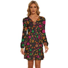 Skull Colorful Floral Flower Head Long Sleeve Waist Tie Ruffle Velvet Dress by Cemarart