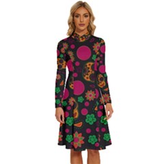 Skull Colorful Floral Flower Head Long Sleeve Shirt Collar A-line Dress by Cemarart