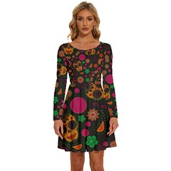 Skull Colorful Floral Flower Head Long Sleeve Wide Neck Velvet Dress by Cemarart