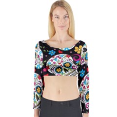 Sugar Skull Black Olorful Flower Long Sleeve Crop Top by Cemarart