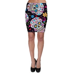 Sugar Skull Black Olorful Flower Bodycon Skirt by Cemarart