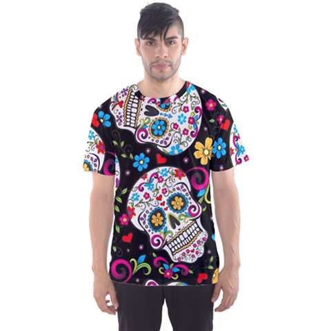 Sugar Skull Black Olorful Flower Men s Sport Mesh T-shirt by Cemarart