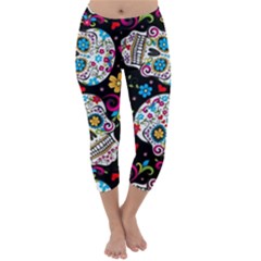 Sugar Skull Black Olorful Flower Capri Winter Leggings  by Cemarart