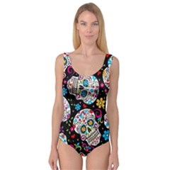 Sugar Skull Black Olorful Flower Princess Tank Leotard  by Cemarart