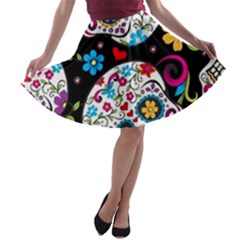 Sugar Skull Black Olorful Flower A-line Skater Skirt by Cemarart