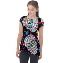 Sugar Skull Black Olorful Flower Cap Sleeve High Low Top by Cemarart