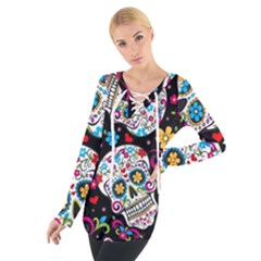 Sugar Skull Black Olorful Flower Tie Up T-shirt by Cemarart