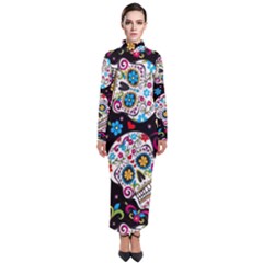 Sugar Skull Black Olorful Flower Turtleneck Maxi Dress by Cemarart